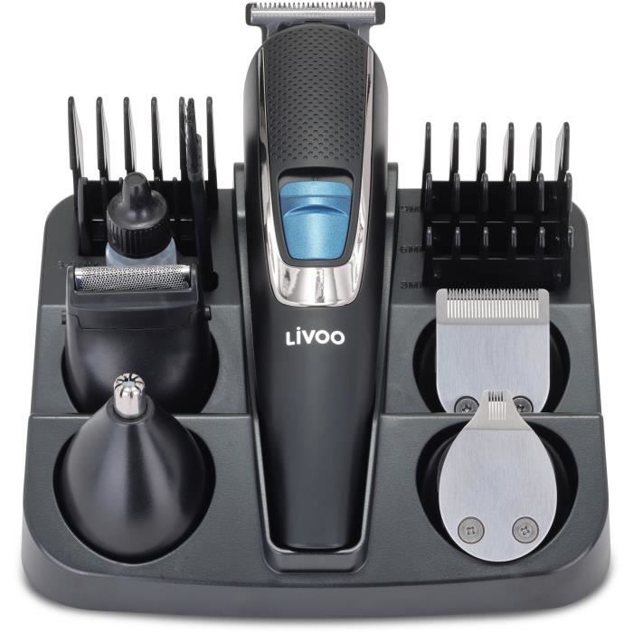 Set tondeuse multifonction - LIVOO - DOS187 - 3,7 W - 90 min - 5 tetes - 5 sabots - Socle de rangement - Noir / Bleu