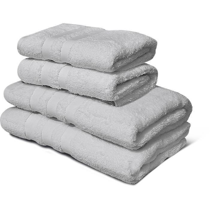 Lot de 4 serviettes - LOVELY HOME - 2 Serviettes 50 x 100 cm + 2 Draps de douche 70 x 140 cm - Gris clair