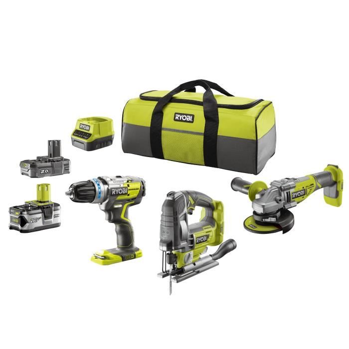 Ryobi pack 3 outils Brushless : perceuse a percussion, scie sauteuse , meuleuse d'angle, 2 batteries 2 / 4 Ah, 1 chargeur 2,0 A