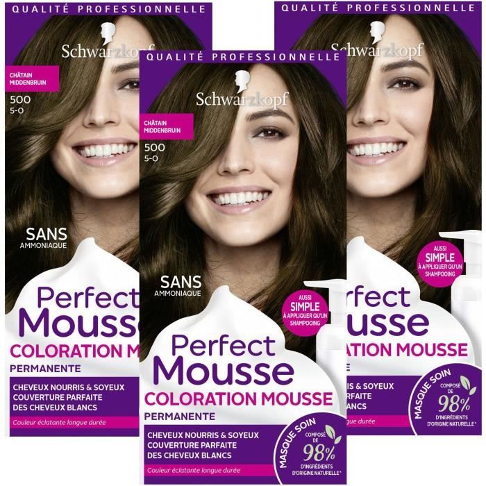 SCHWARZKOPF Perfect Mousse - Coloration Cheveux - Mousse permanente sans Ammoniaque - Ch?tain 500 - Lot de 3
