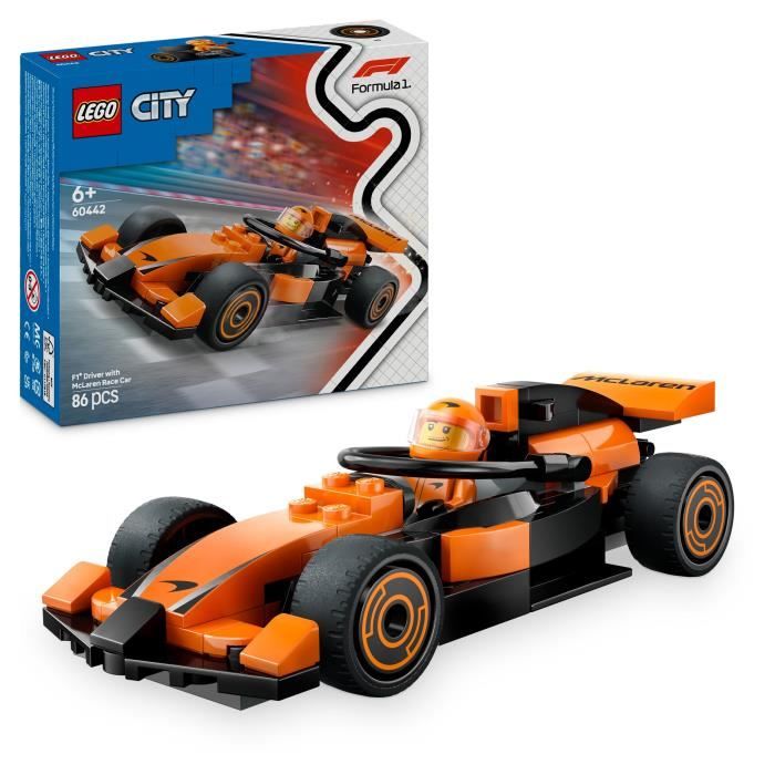 LEGO City 60442 Coche de carreras McLaren con piloto de F1 - Juguete para ni�os a partir de 6 a�os