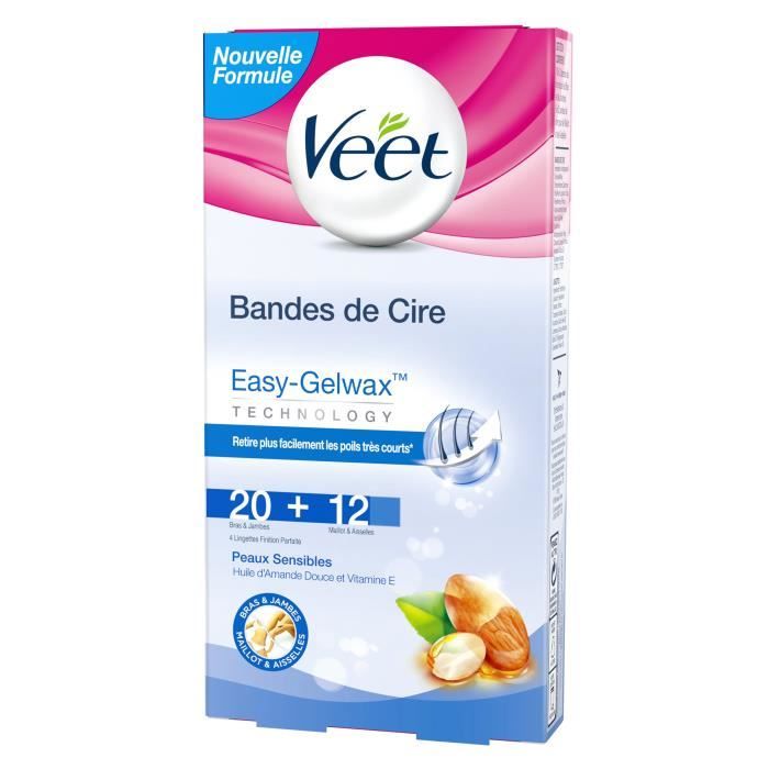 Veet Easy-Gel Épilation Peaux Sensibles 32 bandes de cire froide