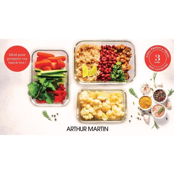 Set de 3 boites alimentaire Arthur Martin – Borosilicate -Couvercle hermétique - Four-micro-onde-réfrigérateur