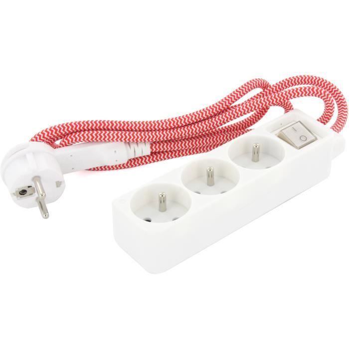 CHACON Mini-bloc blanc deco 3x16a cable textile rouge/blanc1.5m + fiche plate 3g1,5mm2