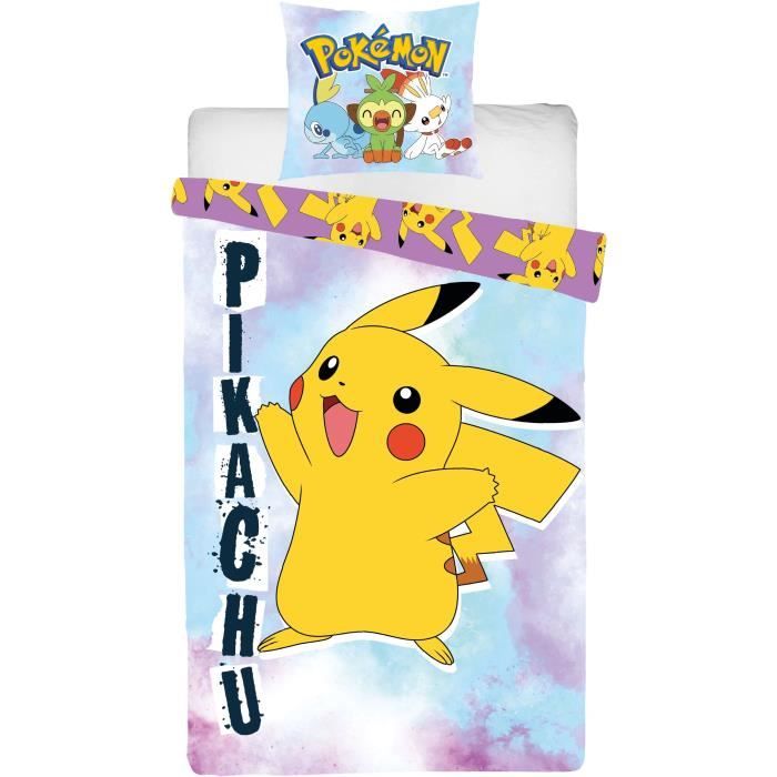 Parure de lit réversible - POKEMON - Pikachu - Microfibre - 1 housse de couette 140 x 200 cm + 1 taie 63 x 63 cm