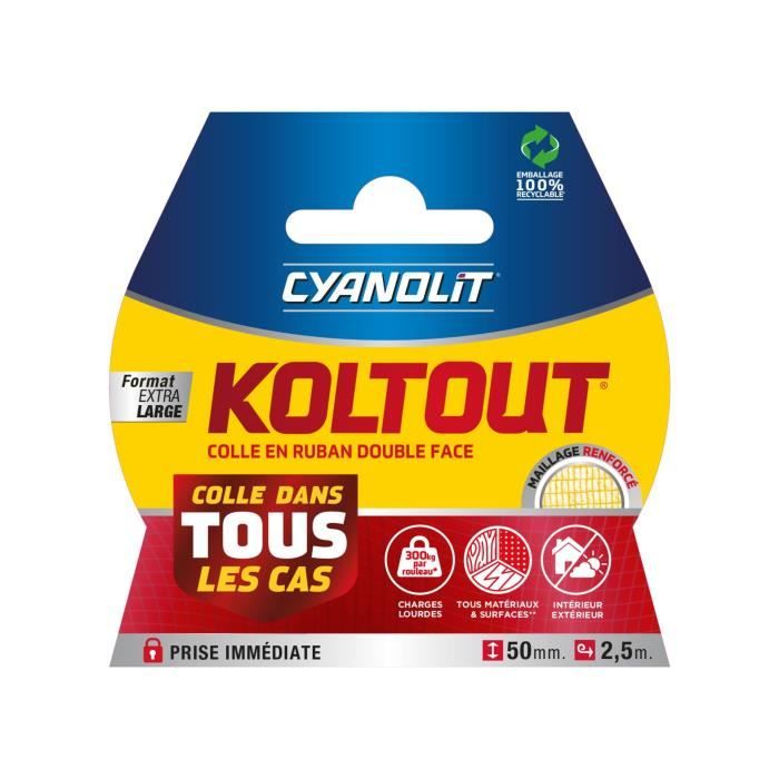 Nastro biadesivo - CYANOLIT - Nastro Koltout XXL - 2,5 x 49 mm - Elevata adesività - Discreto e resistente