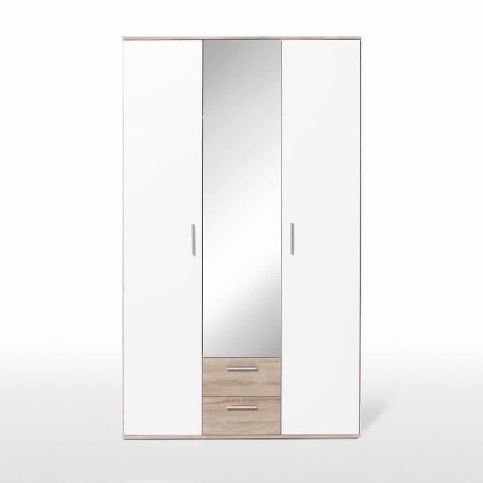 Armoire battante - Panneaux de particules - Blanc et chene - 3 portes et 2 tiroirs + miroir - L 121 x P 54 x H 200,1 cm - SELKEA