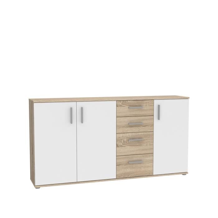 Buffet IKOLI - 3 portes, 4 tiroirs - Décor chene Sonoma et blanc - L159,3 x P31,4 x H81,7 cm - Poignées en plastique