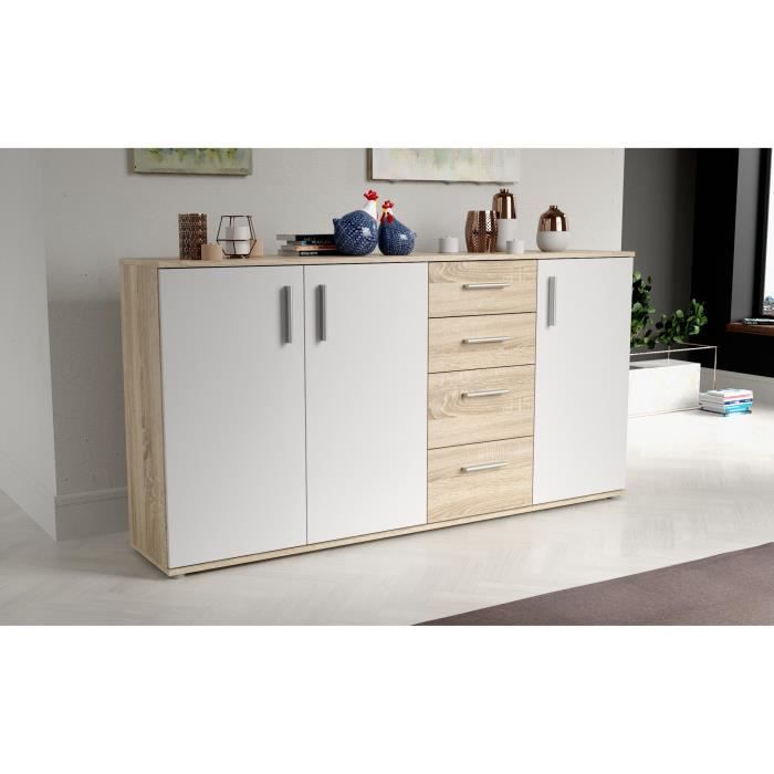 Image secondaire de Buffet IKOLI - 3 portes, 4 tiroirs - Décor chene Sonoma et blanc - L159,3 x P31,4 x H81,7 cm - Poignées en plastique