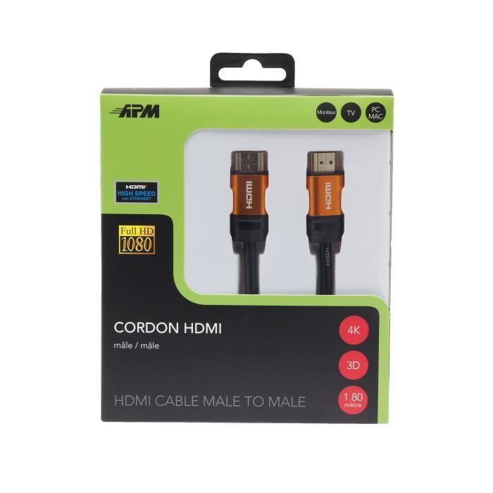 APM Cordon HDMI 4K Ethernet - Mâle/Mâle - Noir - Plug Or - 1,8m