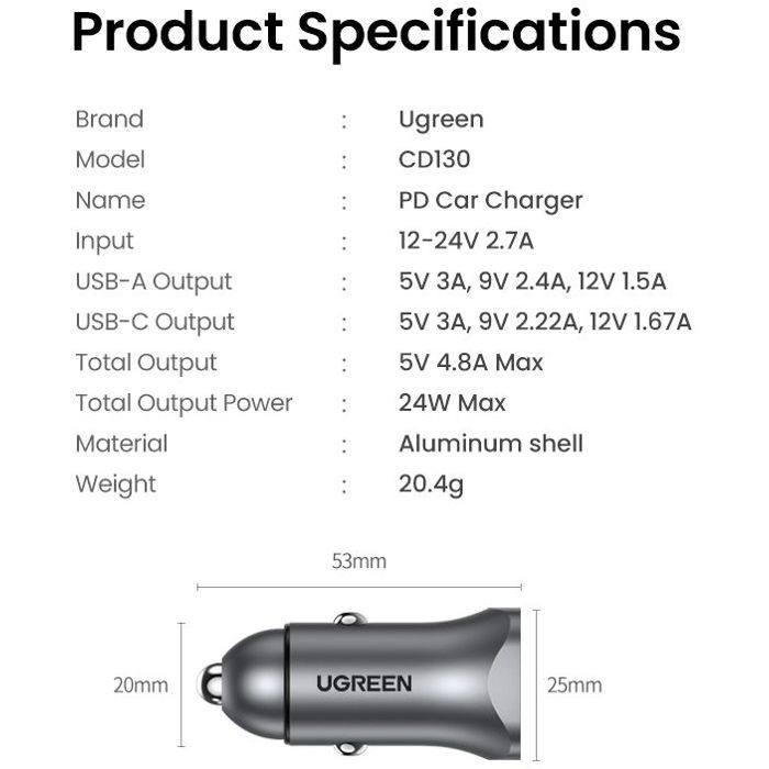 Image secondaire de Chargeur de voiture UGREEN 30W avec USB-C et USB-A - Gris