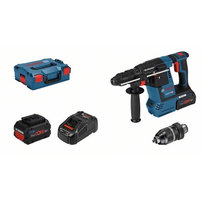 Martello perforatore SDS Plus Bosch Professional GBH 18V-26F, con 2 batterie ProCore 5,5 Ah, caricabatterie, in L-Boxx - 061191000F