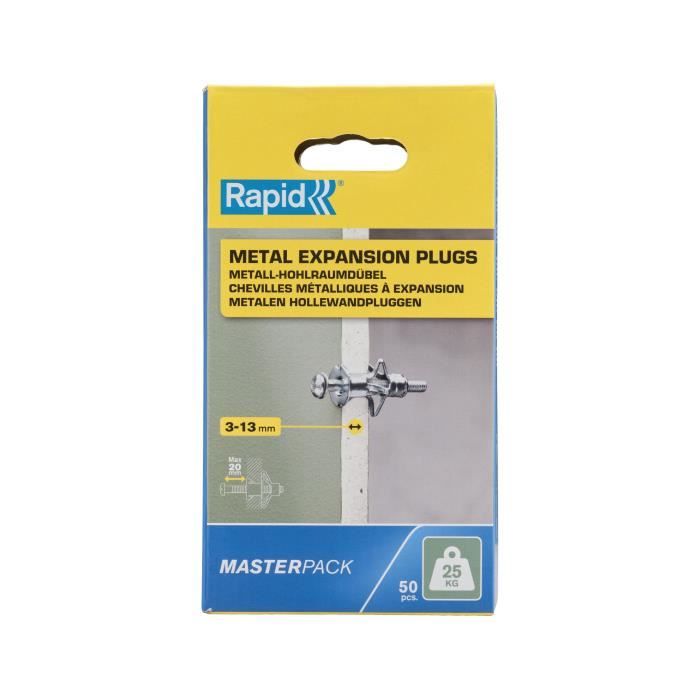 Chevilles à expansion métal pour cloison plâtre - RAPID - Ø8 - 3-13mm - Lot de 50 - Charge max 25 kg - 5001560