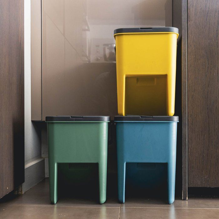 Image secondaire de Lot de 3 Poubelles de Tri Empilables 20L - Jaune, Vert & Bleu