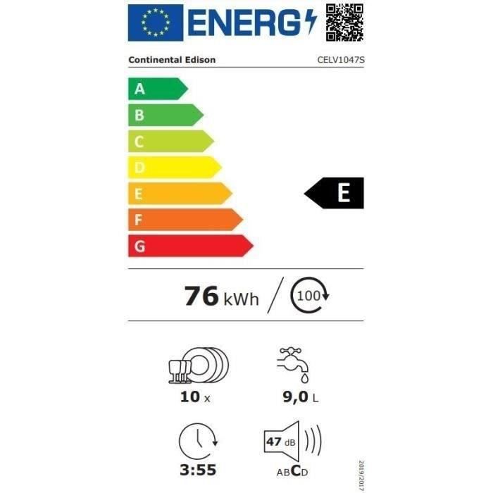 Lave-vaisselle pose libre CONTINENTAL EDISON CELV1047S - 10 couverts - Largeur 44,8 cm - 47 dB - Silver