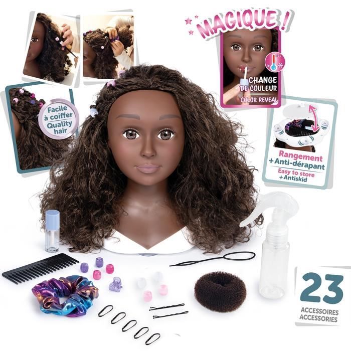 Smoby - Testa per acconciature afro - Facile da modellare - 23 accessori realistici - Labbra sensibili al calore - Sportello portaoggetti