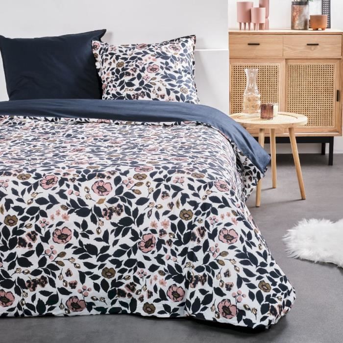 Parure de lit Sunshine - 2 personnes - 220 x 240 cm - 100% coton - Bleu Motif Floral - TODAY