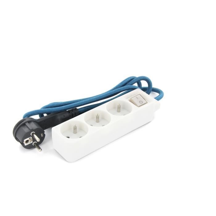 CHACON Mini-bloc blanc deco 3x16a cable textile bleu1.5m + fiche plate 3g1,5mm2