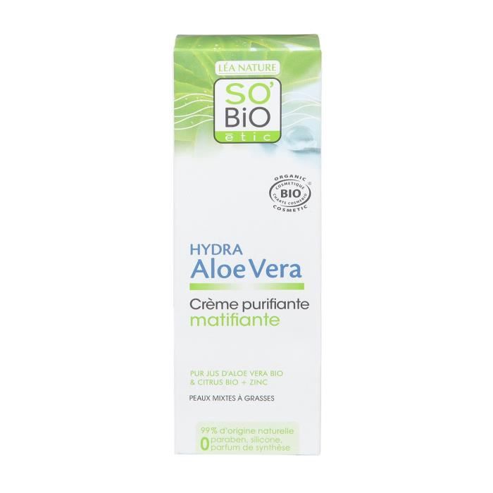 SOBIO Creme matifiante et purifiante - Aloe Vera - Bio - 50 ml - Hydrate intensément