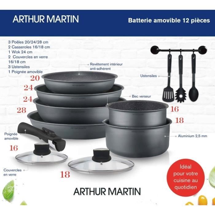 Batterie de cuisine Arthur Martin AM268GM 12 pieces - Aluminium - Poignée amovible - Tous feux dont induction