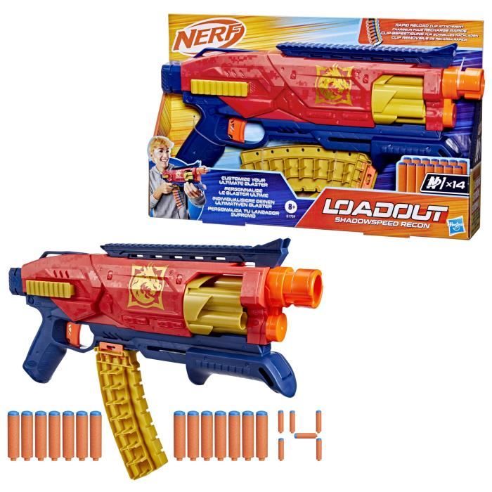 Lanzador Nerf Loadout Shadowspeed Recon con almacenamiento para los 14 dardos Nerf N1 incluidos, tambor giratorio de 6 dardos, juego