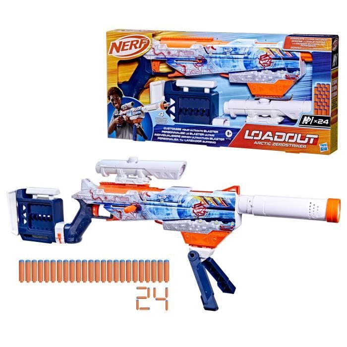Nerf Loadout Arctic Zerostriker, lanzador con 4 accesorios intercambiables, 24 dardos Nerf N1, cargador interno de 6 dardos,