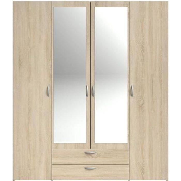 PARISOT Armoire 4 portes battantes avec 2 miroirs + 2 tiroirs - Chene Sonoma - L 160 x P 51 x H 185 cm - VARIA