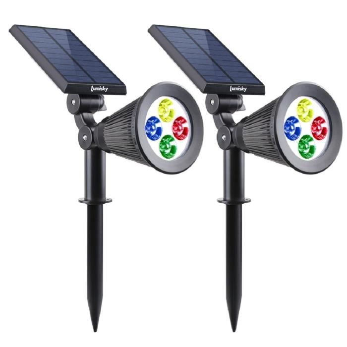 LUMISKY Pack de 2 Spots solaires ext?rieur ?tanches - 4 LEDs color?es - 200 Lm - Tete pivotante a 90?C