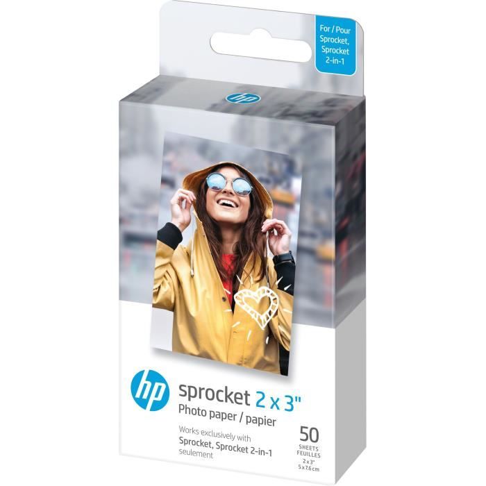 HP Sprocket 2x3 - Papier Photo ZINC 5x7,6cm - Pack de 50 feuilles - Finition glacée
