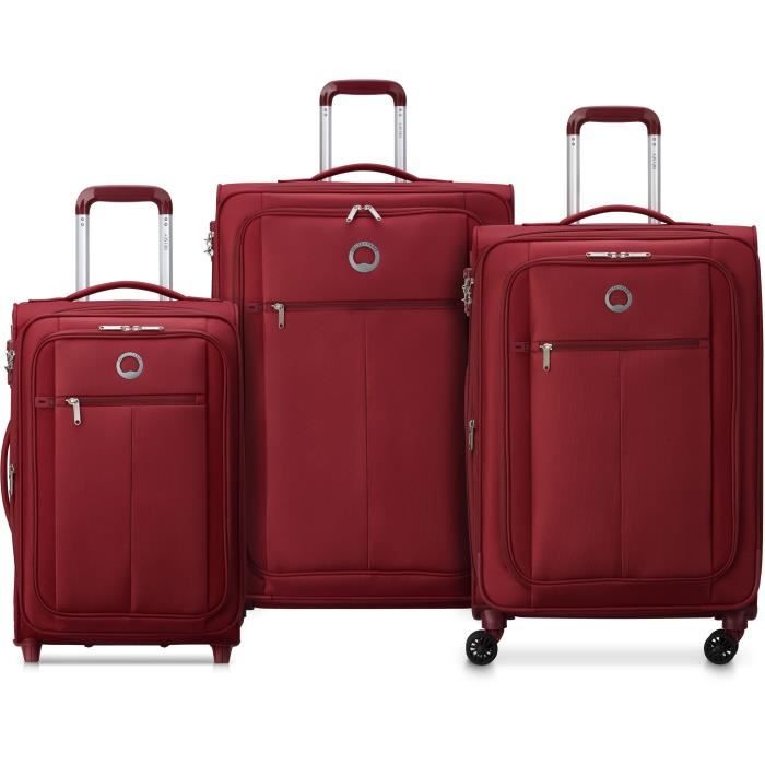 DELSEY PIN UP 5 - Lot de 3 Trolley T55 cabine slim 2 roues + T66/76 Trolley 4 doubles -  Extensibles - Rouge