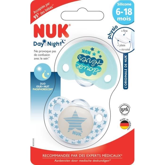 NUK 2 Sucettes DAY & NIGHT Silicone 6-18m DUO