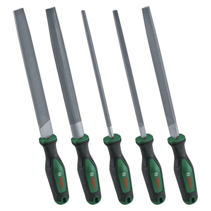 Juego de 5 limas Bosch (limas redondas, semiredondas, planas, triangulares y cuadradas de acero de carburo duro, recorrido medio, 2 Softgrip)