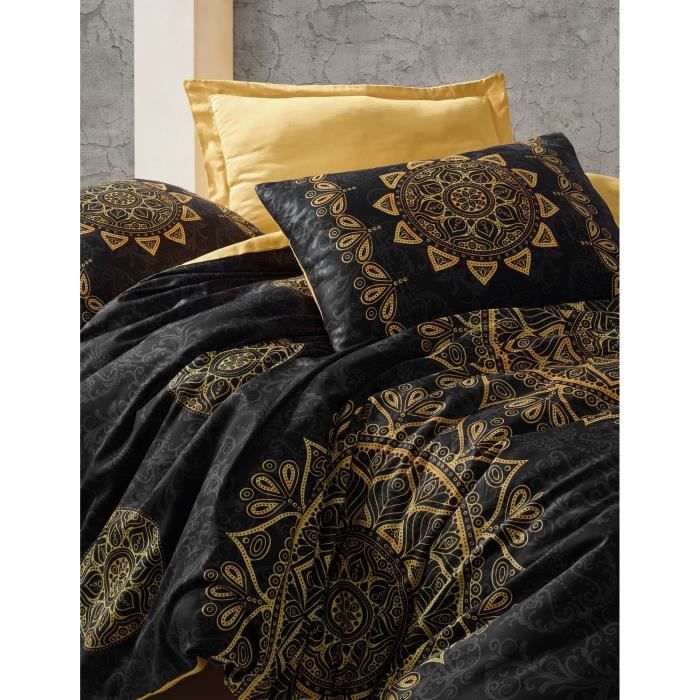 Image secondaire de Parure de lit - 1 housse de couette 220 x 240 cm + 2 taies d'oreiller 60 x 60 cm - Satiné 100% coton - Noir
