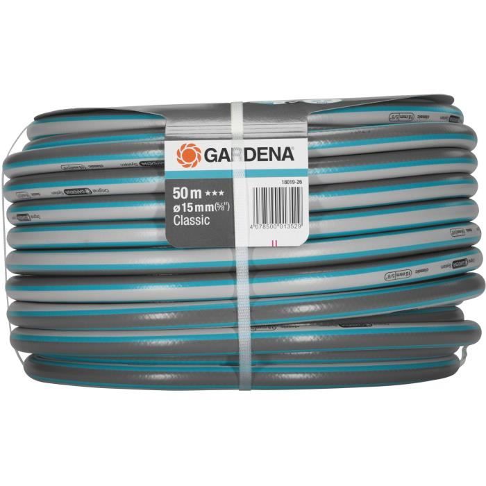 GARDENA Tuyau d'arrosage Classic – Longueur 50m – Ø15mm –Haute résistance a la pression: 22 bar maximum – Garantie 12 ans
