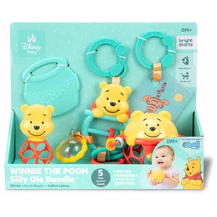 DISNEY BABY -WINNIE- Coffret cadeau de naissance bébé, 5 jouets dont 1 de dentition Winnie et O ball, hochet et attache poussett