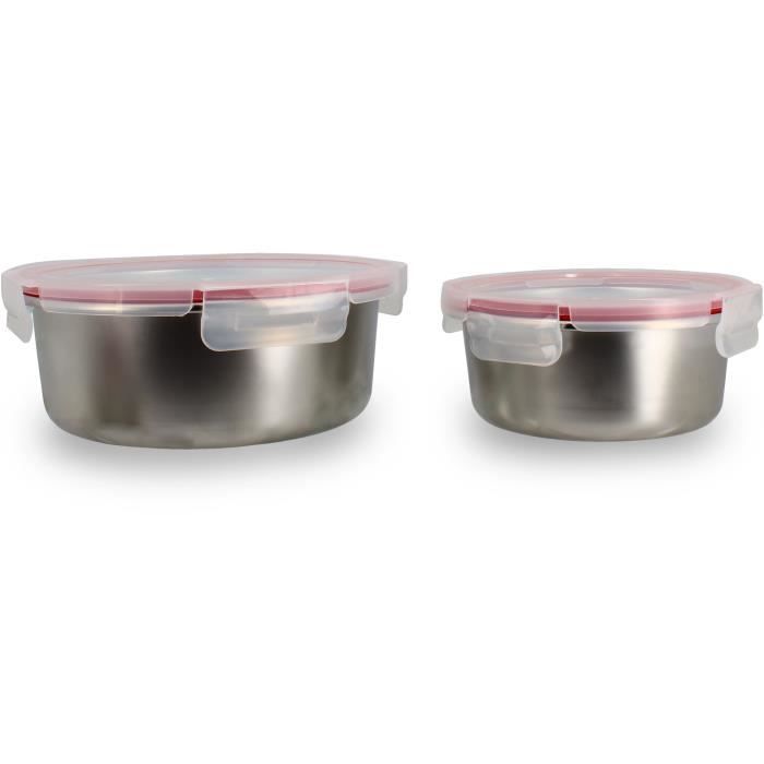 Set di 2 contenitori ermetici con coperchio - MENASTYL - 5040178 - Acciaio inossidabile - Rotondi - 15 e 20 cm - Adatto al microonde