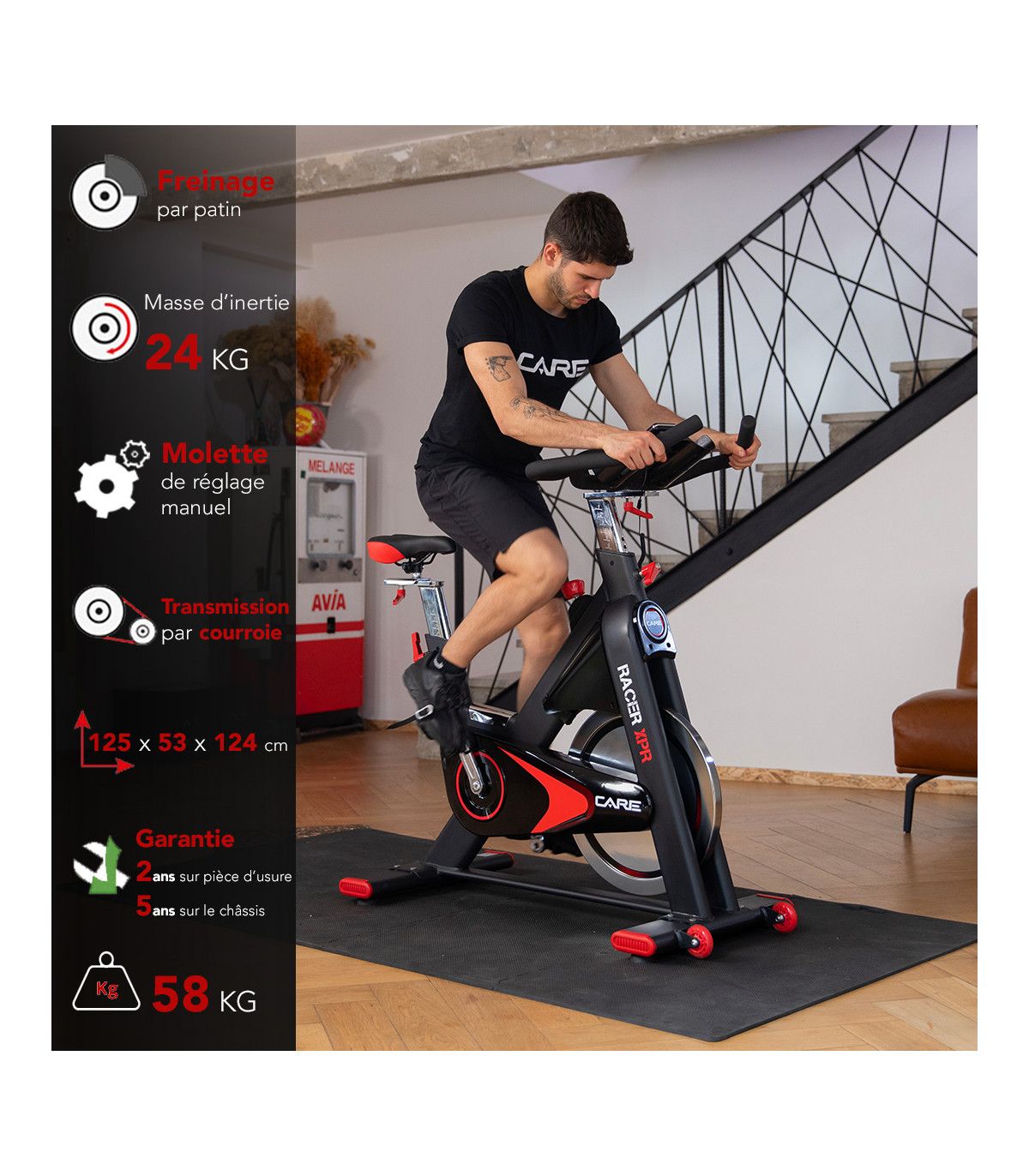 Vélo Spin Bike - Masse d'inertie : 24 kg - Care - Racer XPR