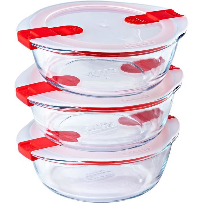 Lot de 3 lunch box - PYREX - Cook & Heat - Verre - Rond - Couvercle à valves vapeur spécial micro-onde - 1,1 L