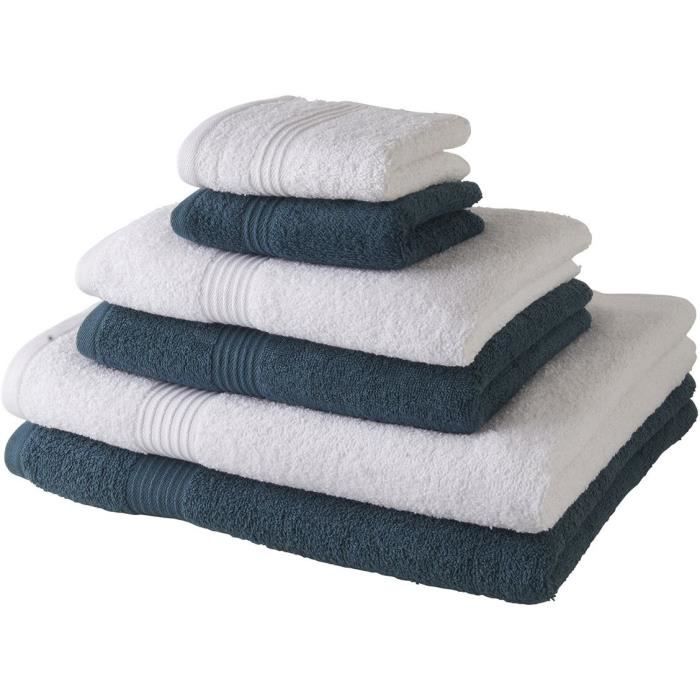 TODAY Lot de 6 serviettes de bain - Bleu et blanc - 100 % coton - 2 Serviettes 30x50 cm, 2 serviettes 50x100 cm et 2 draps 70x130 cm