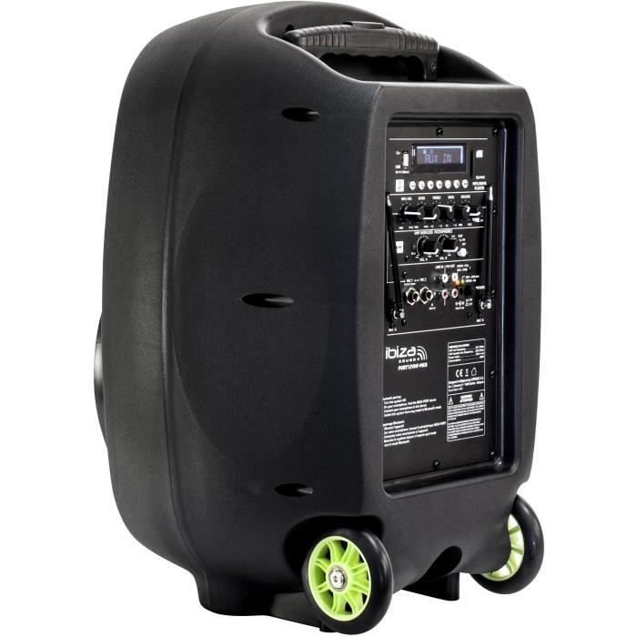 IBIZA PORT12VHF-MKII - Systeme enceinte de sonorisation portable autonome 12”/30 cm avec USB, Bluetooth et 2 micros VHF - Noir