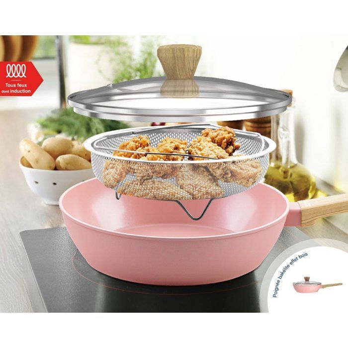 Image secondaire de Sauteuse Arthur Martin Ø24 cm en Aluminium Rose avec Couvercle et Panier Inox