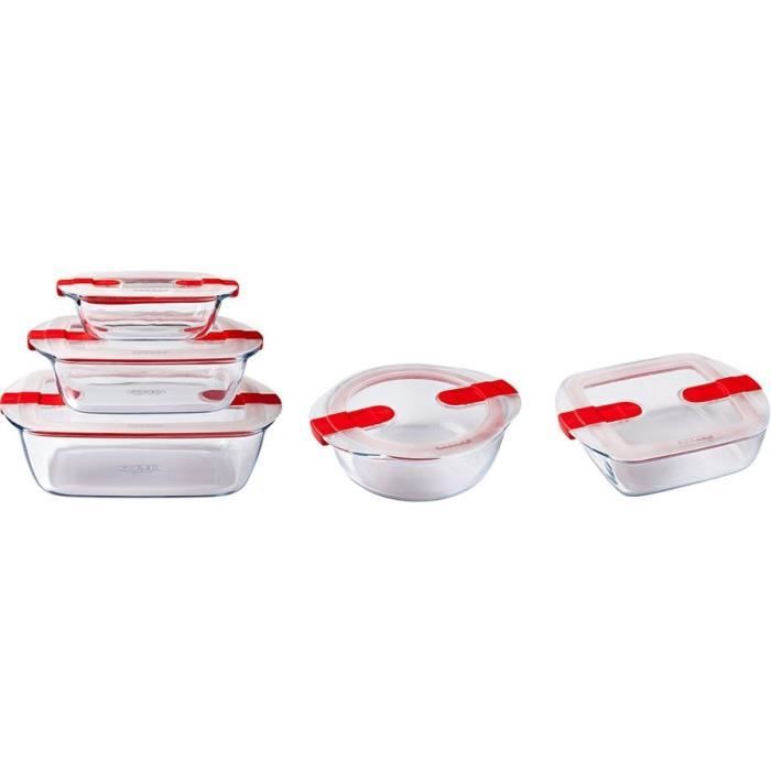 Lot de 5 Bo�tes de conservation - PYREX - Cook & Heat - Verre - Couvercle a valves vapeur sp�cial micro-onde