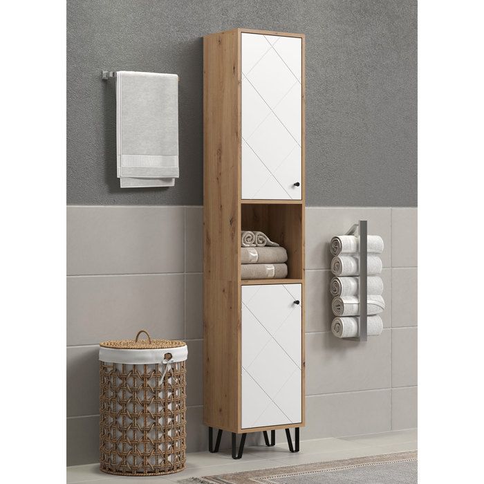Bathroom column - White and oak decor - 2 doors - 1 niche - L36 x H191 x D29cm - TOUCH