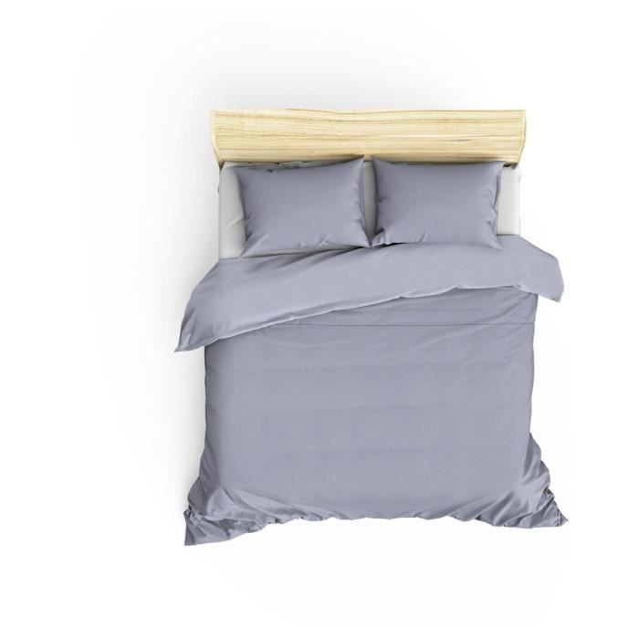 Image secondaire de Parure de lit - 1 housse de couette 220 x 240 cm + 2 taies d'oreiller 60 x 60 cm - Satiné 100% coton - Gris