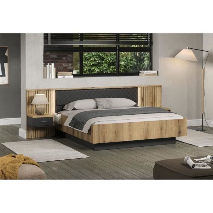 Lit double ESTEBAN avec chevets et éclairage moderne - 180 x 200 cm