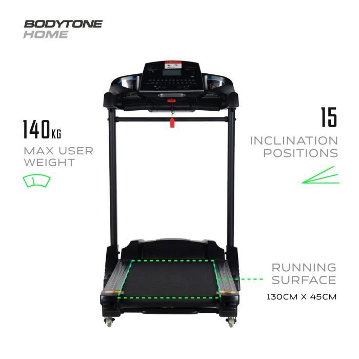 Tapis de course pliable - Inclinaison 15 positions - Ecran LED - 12 Programmes - 18 km/h - BODYTONE DT18