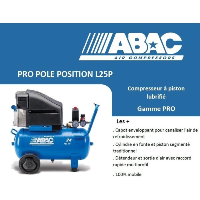 Compresseur a piston Abac Pole Position L25P - 24 L - 10 barss - 2,5 CV - 16,2 m³/h