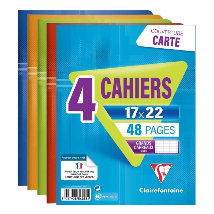 CLAIREFONTAINE Lot de 4 cahiers piqure 48 pages - 170 x 220 mm - Seyes papier PEFC 90 g - Couverture pelliculée