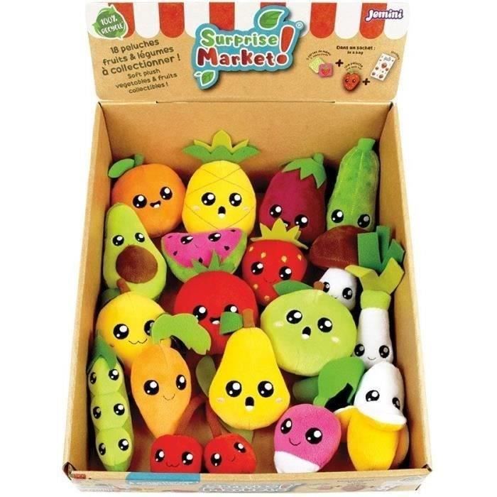 Lot de 18 pochettes surprises - JEMINI - Surprise Market - Peluche fruits ou légumes +/- 10 cm, stickers et cartes mémo