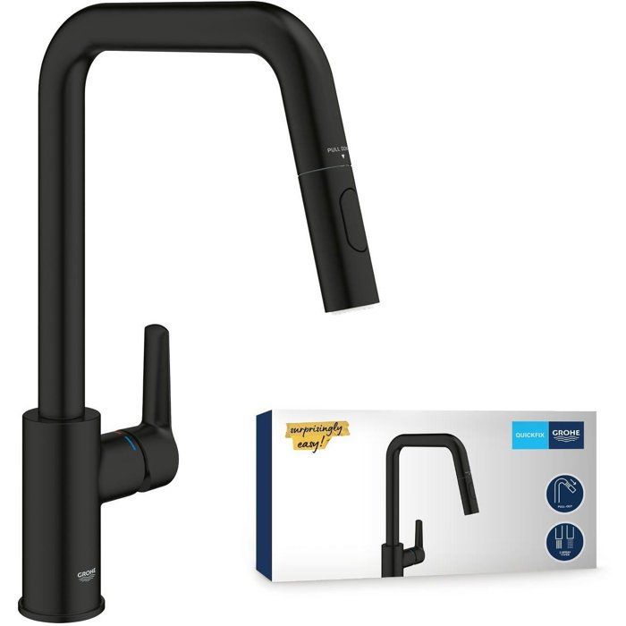 Kitchen faucet - Single-lever sink mixer - Matte black - High U-shaped spout - Pull-out spray - GROHE Start - 306312430